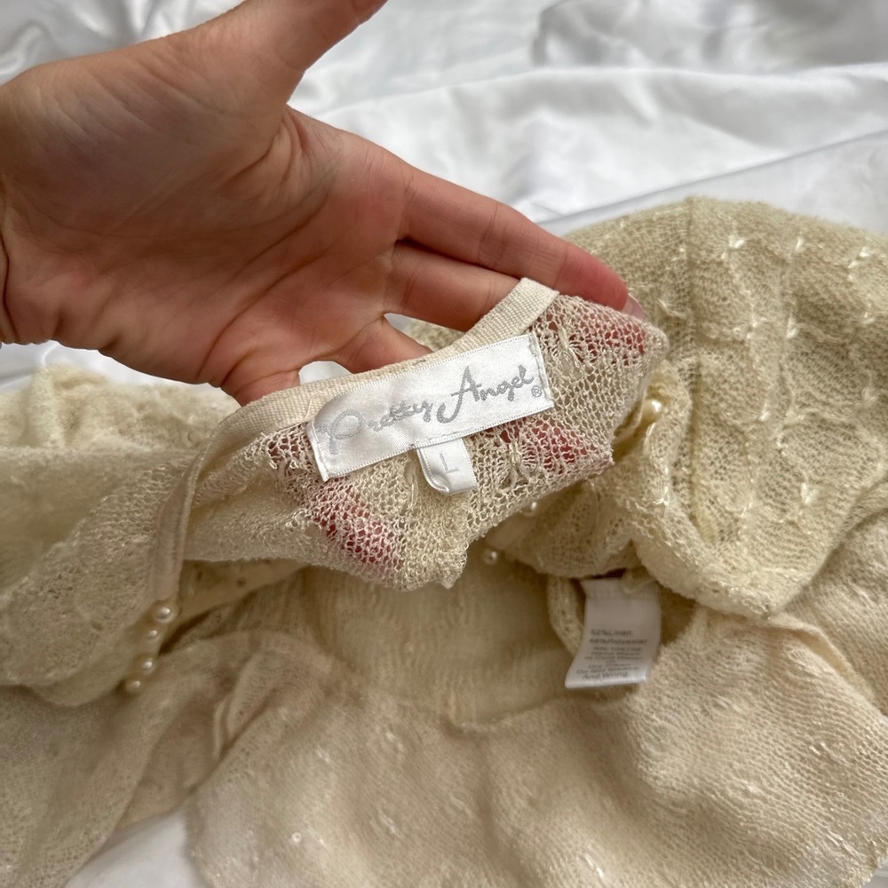 Pretty Angel Cream Linen Lace 3D Floral Pearl Button Ruffle Cardigan Top Large - Picture 5 of 5
